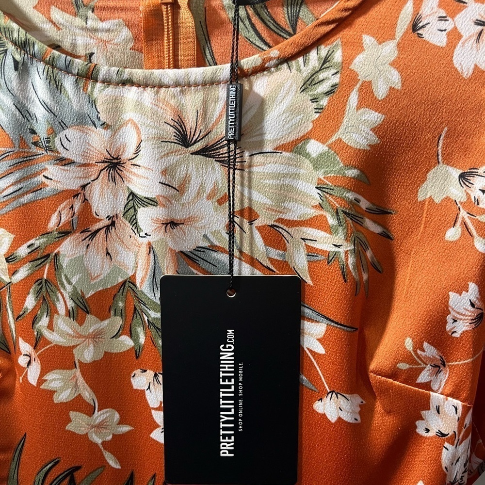 Pretty Little Thing Orange floral print dress size 2.  Polyester material! - Picture 4 of 16